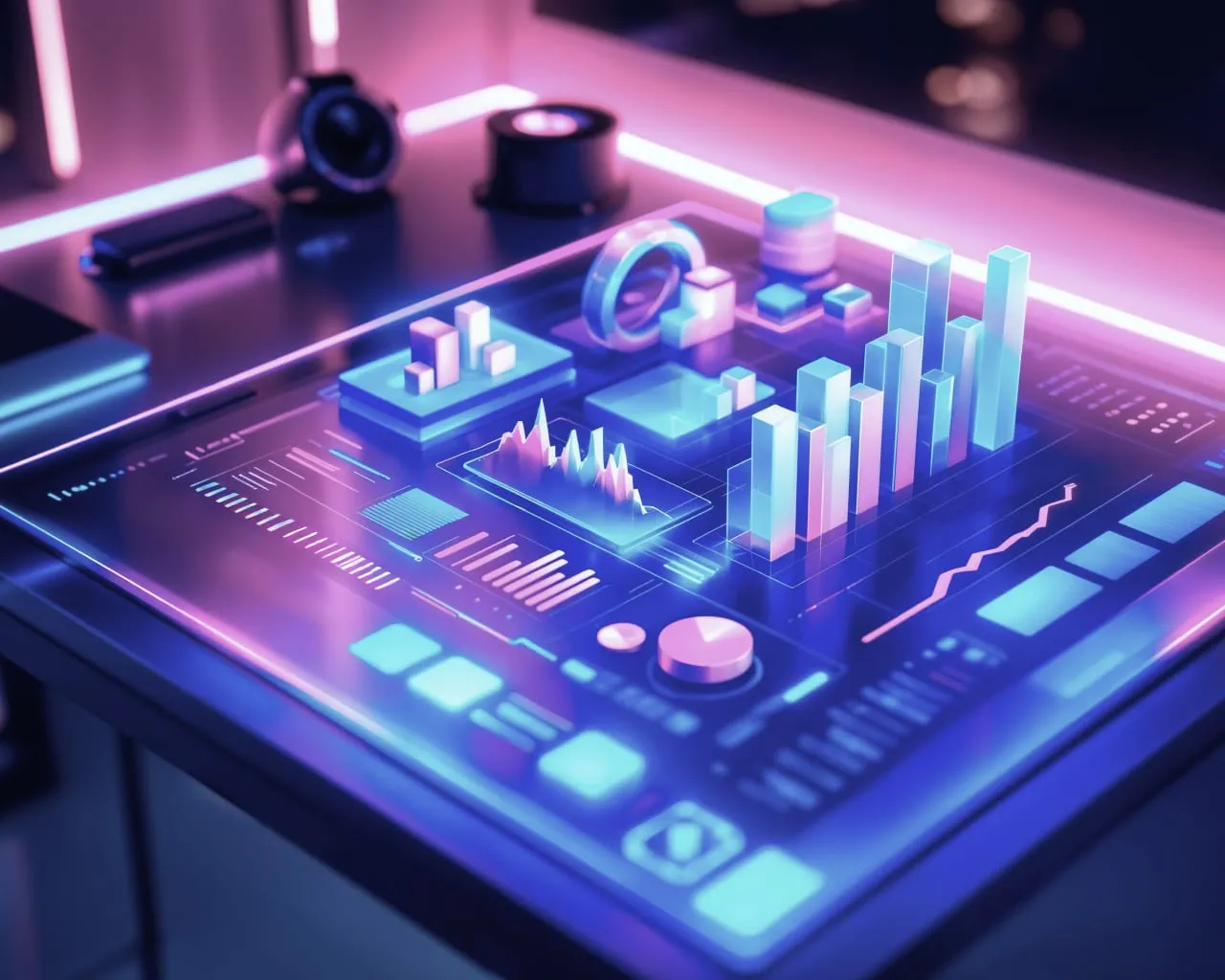 A glowing dashboard of bar and line charts rendered on a dark touchscreen table