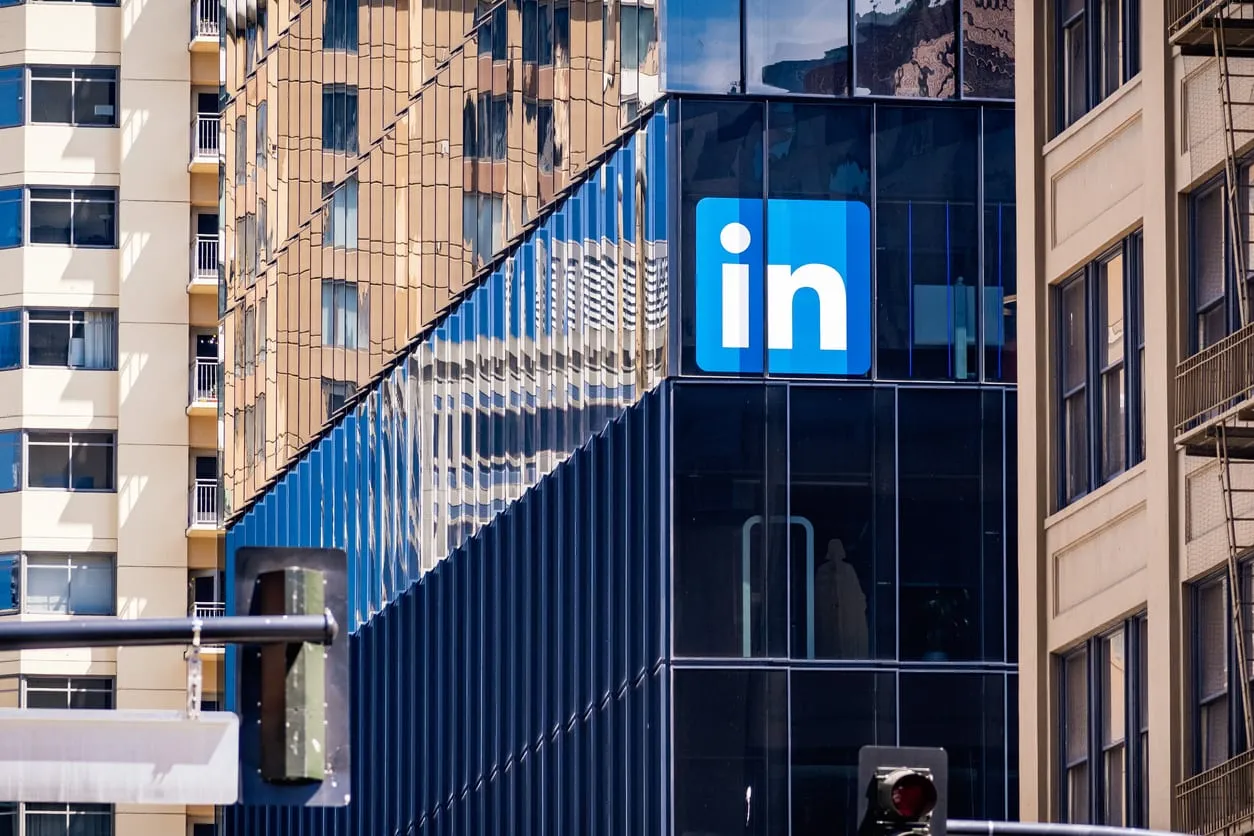 The LinkedIn logo on the side of an office building