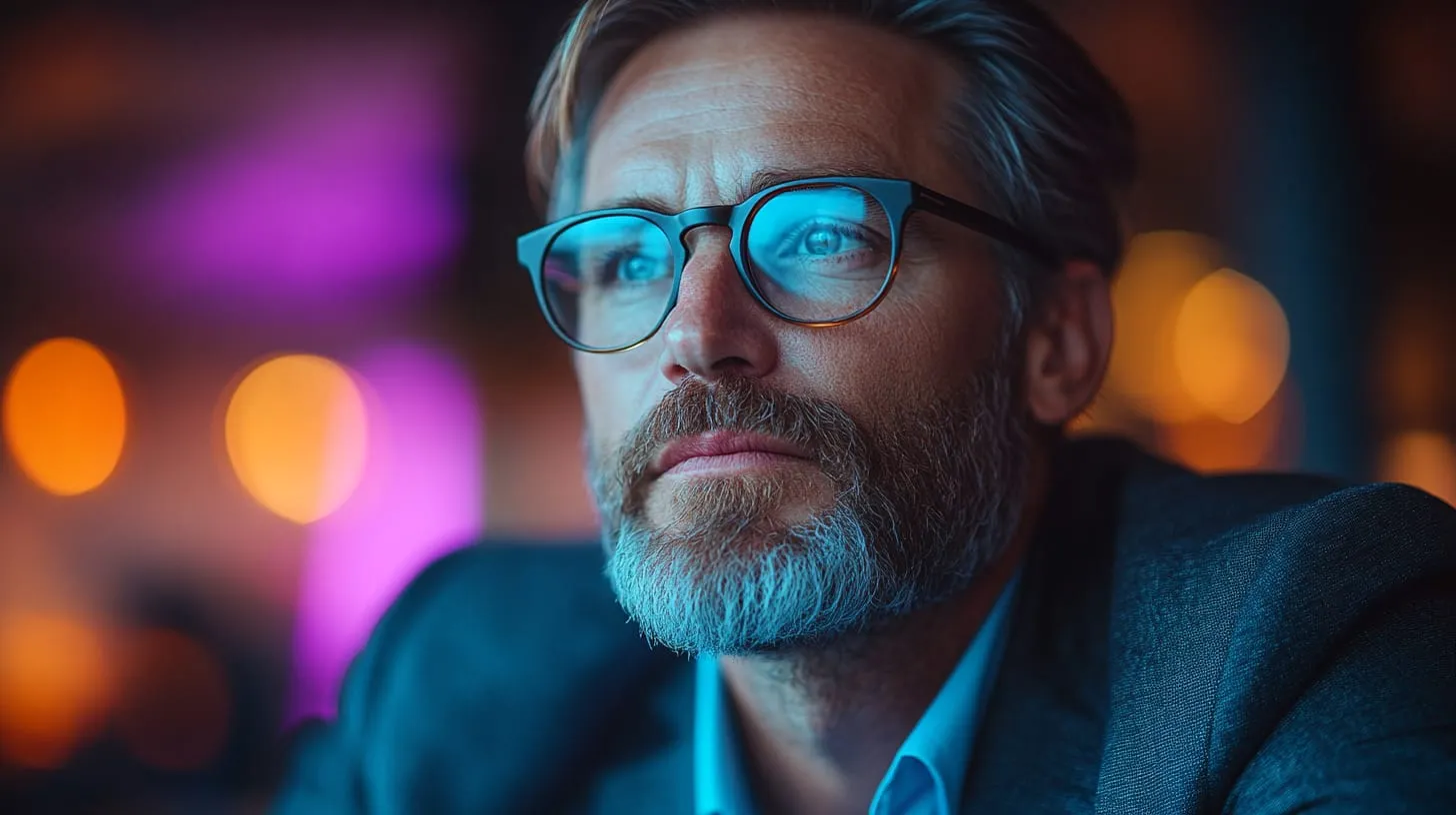 A man in glasses lit by the glow of a screen