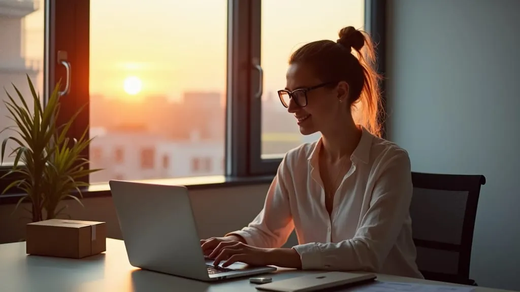 A woman working at a laptop by a window at sunset