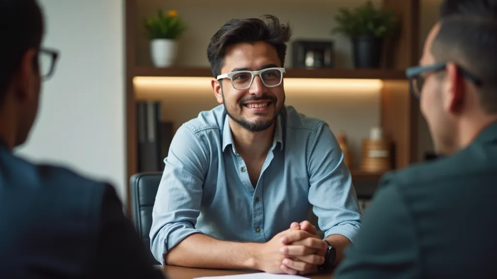 A man in glasses talking with two colleagues across a meeting table
