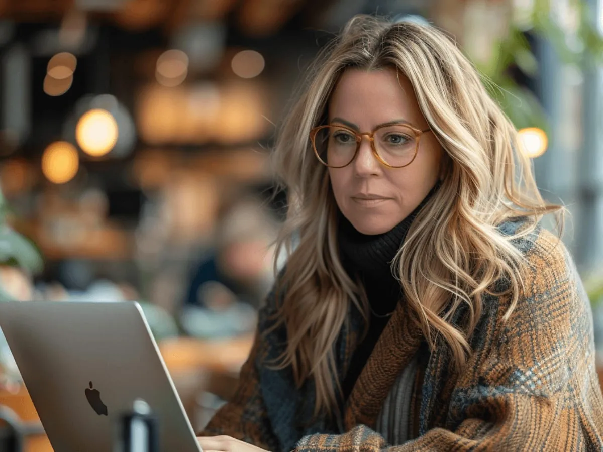 A woman in glasses working at a laptop in a cafe