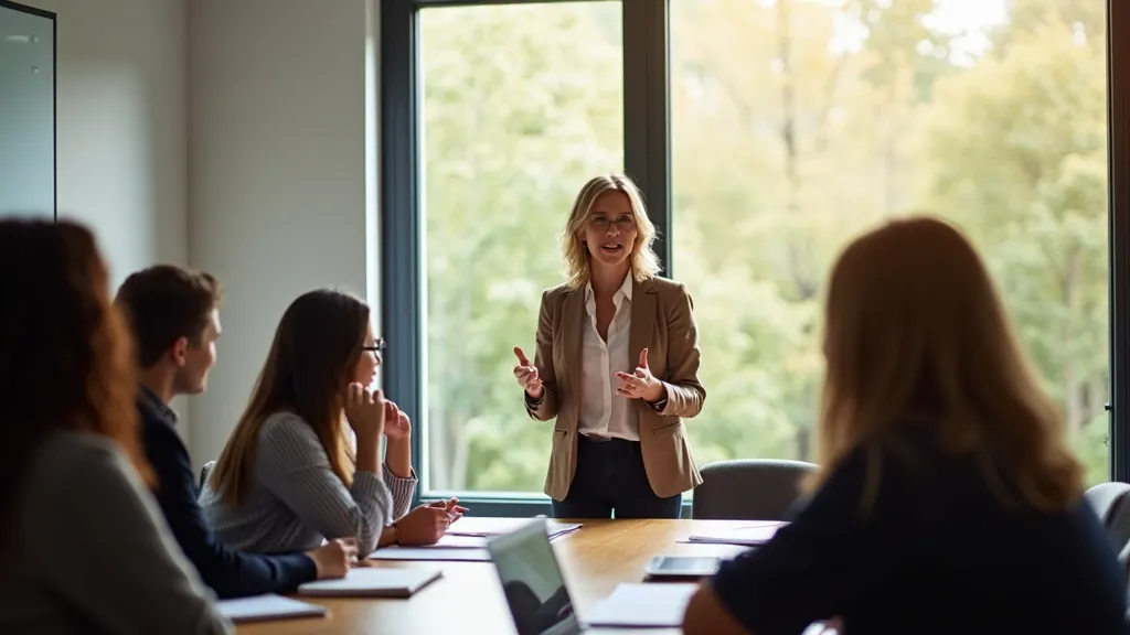 A woman presenting to colleagues around a conference table