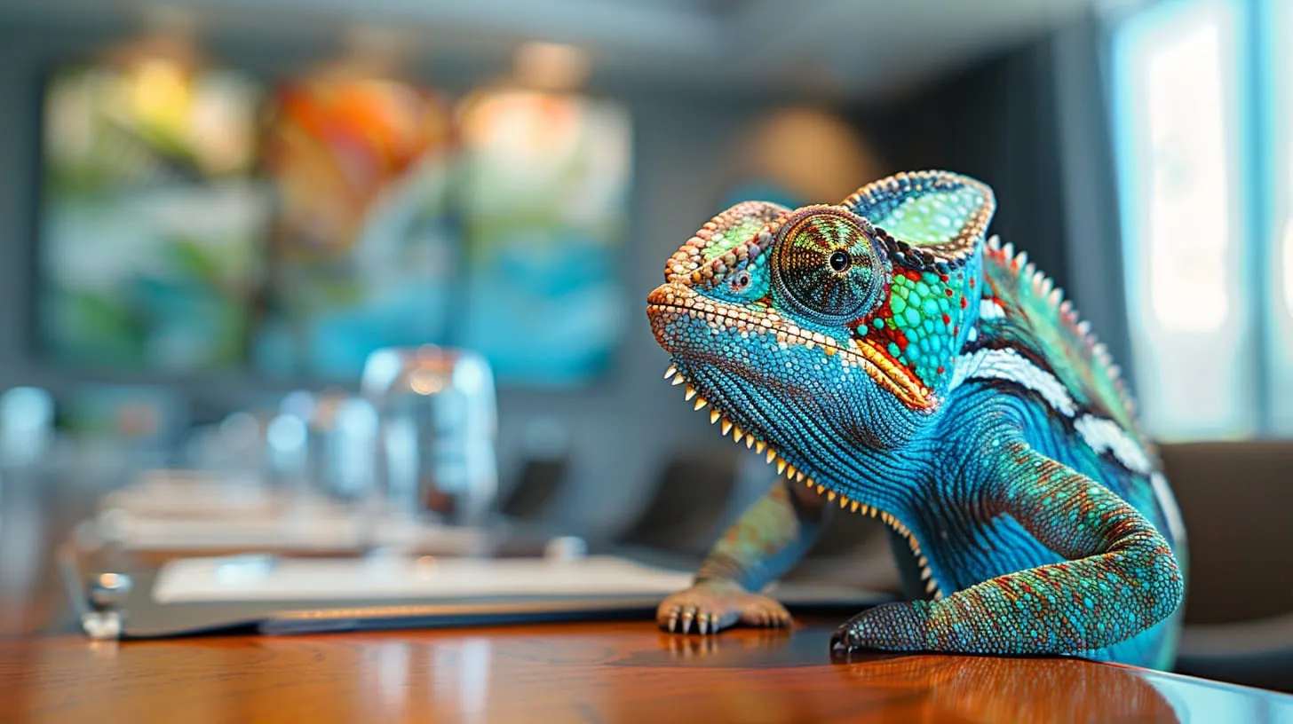 A brightly coloured chameleon standing on an office desk