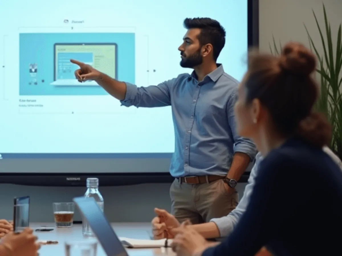 A man presenting a product screen to colleagues around a meeting table