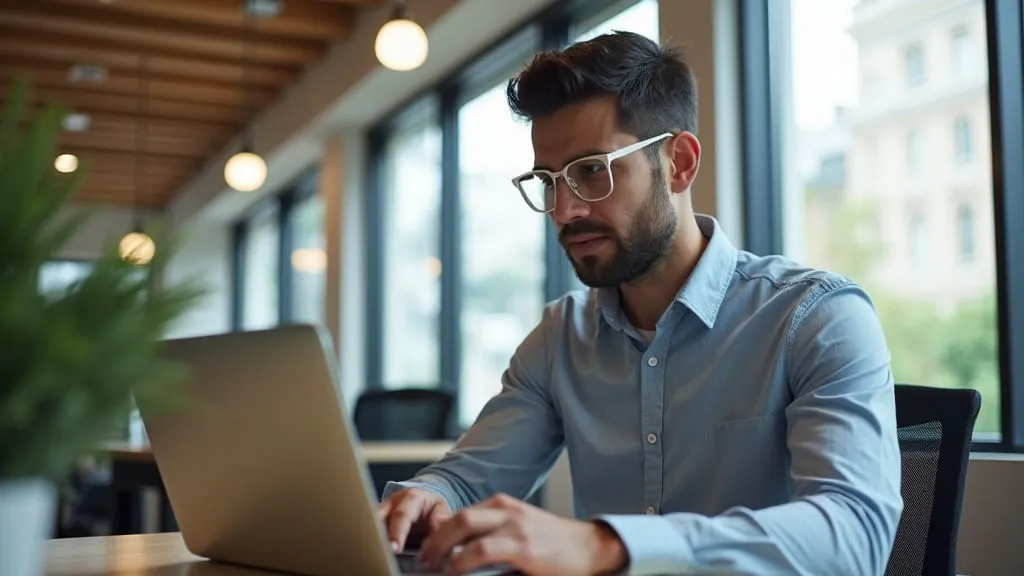 A man in glasses working at a laptop in a bright office