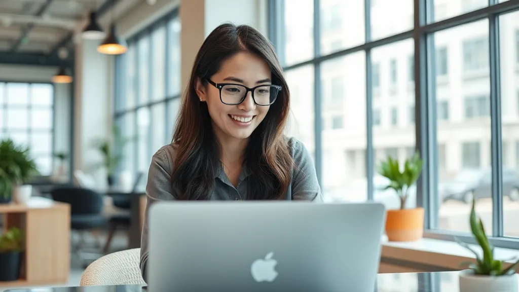 A woman in glasses smiling at a laptop in an open plan office
