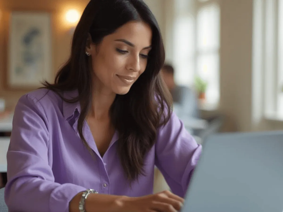 A woman working at a laptop in an office