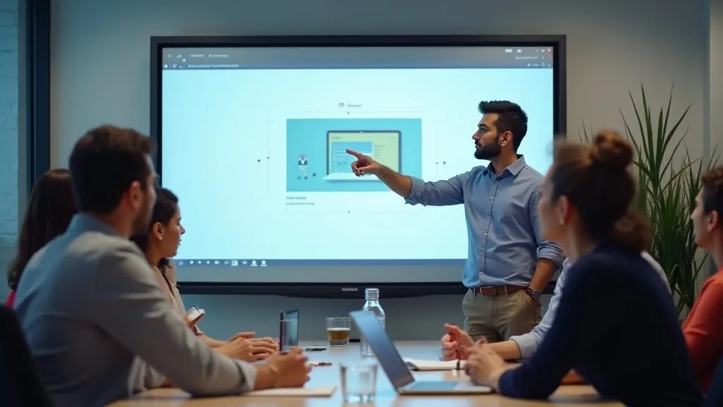 A man pointing at a wall screen while presenting to colleagues in a meeting room