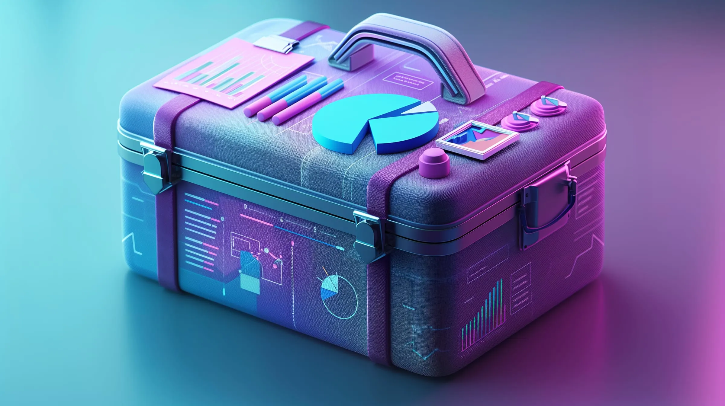 Illustration of a purple toolbox printed with charts and marketing icons