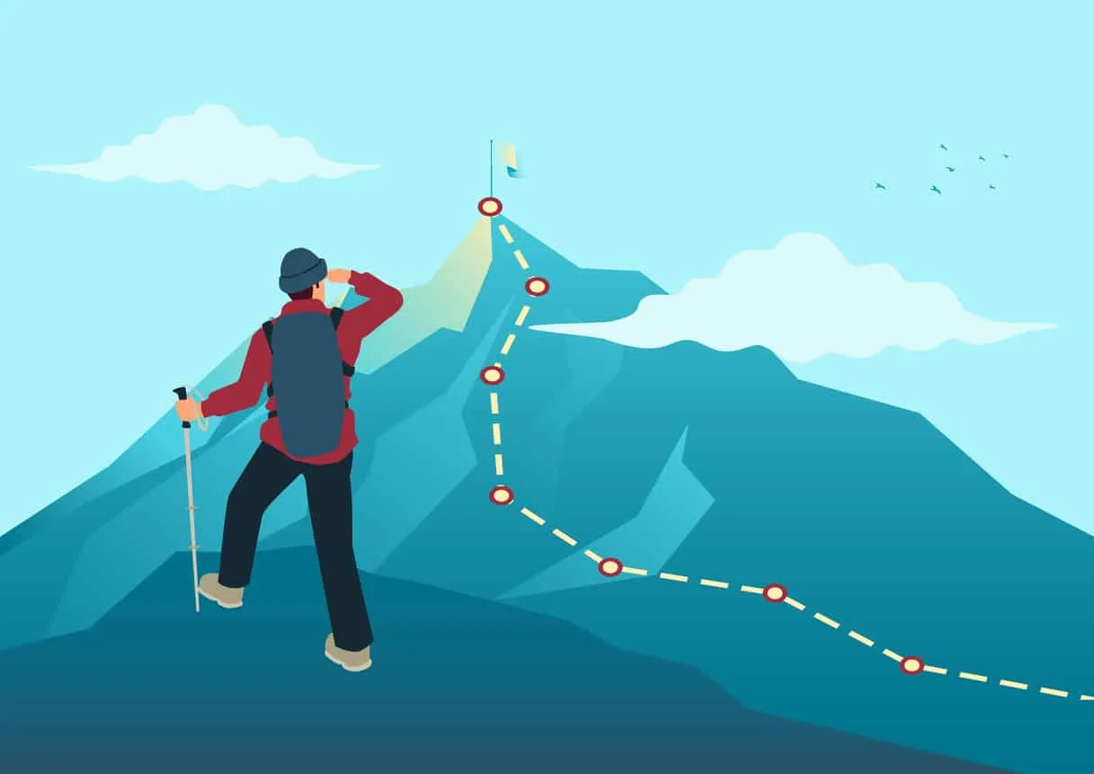 Illustration of a hiker looking up at a flag on a mountain summit, with a dotted path winding up to it