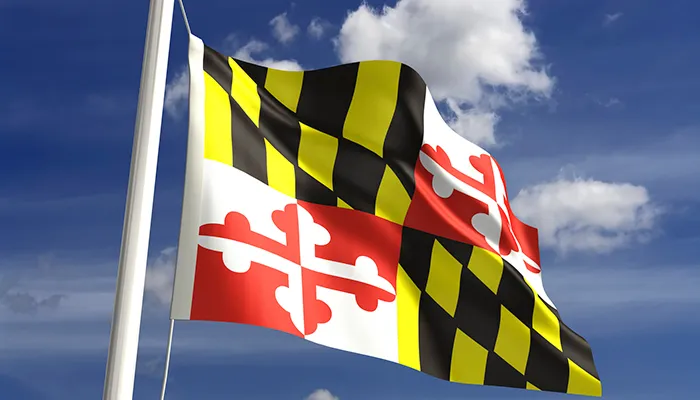 The Maryland state flag flying against a blue sky