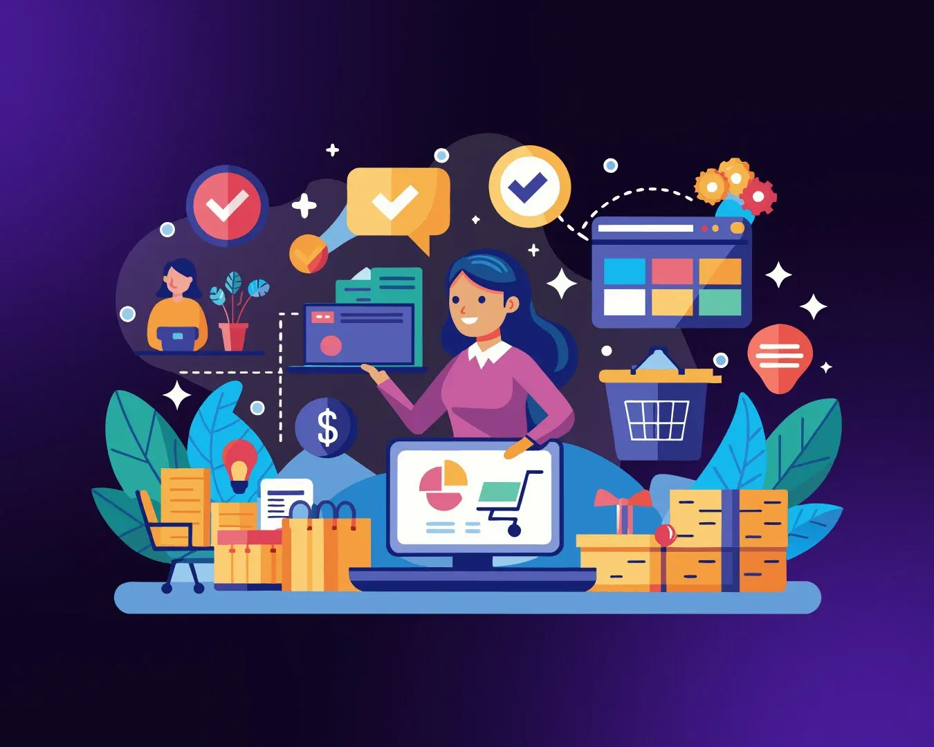 Colourful illustration of a marketer at a screen surrounded by charts, carts and messaging icons