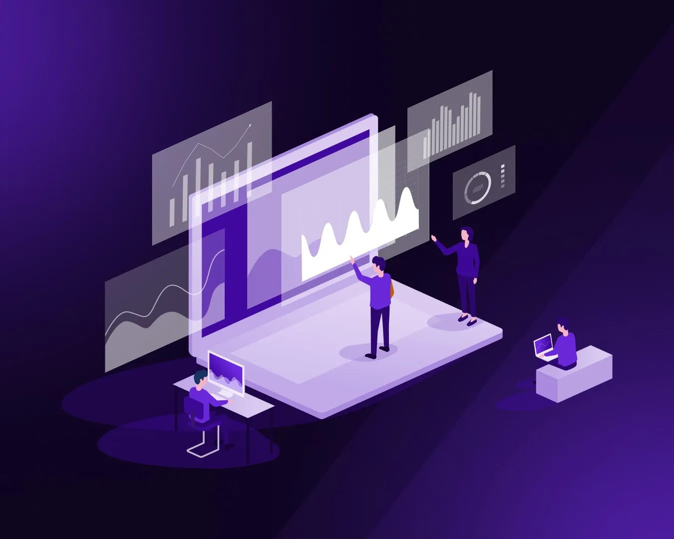 Illustration of an ABM tech stack: a laptop showing dashboards with charts and panels around it