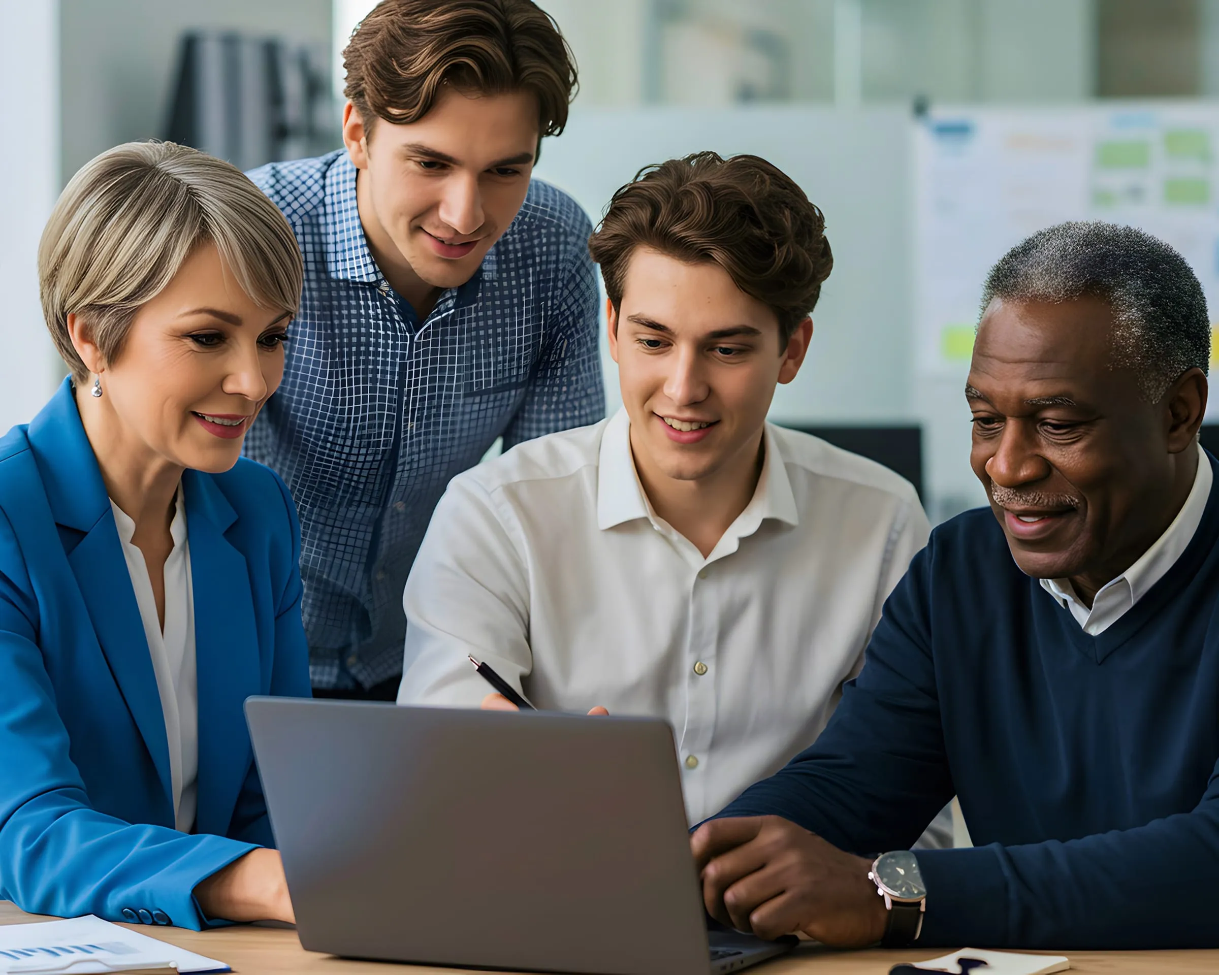 Four colleagues gathered around a laptop, talking and pointing at the screen