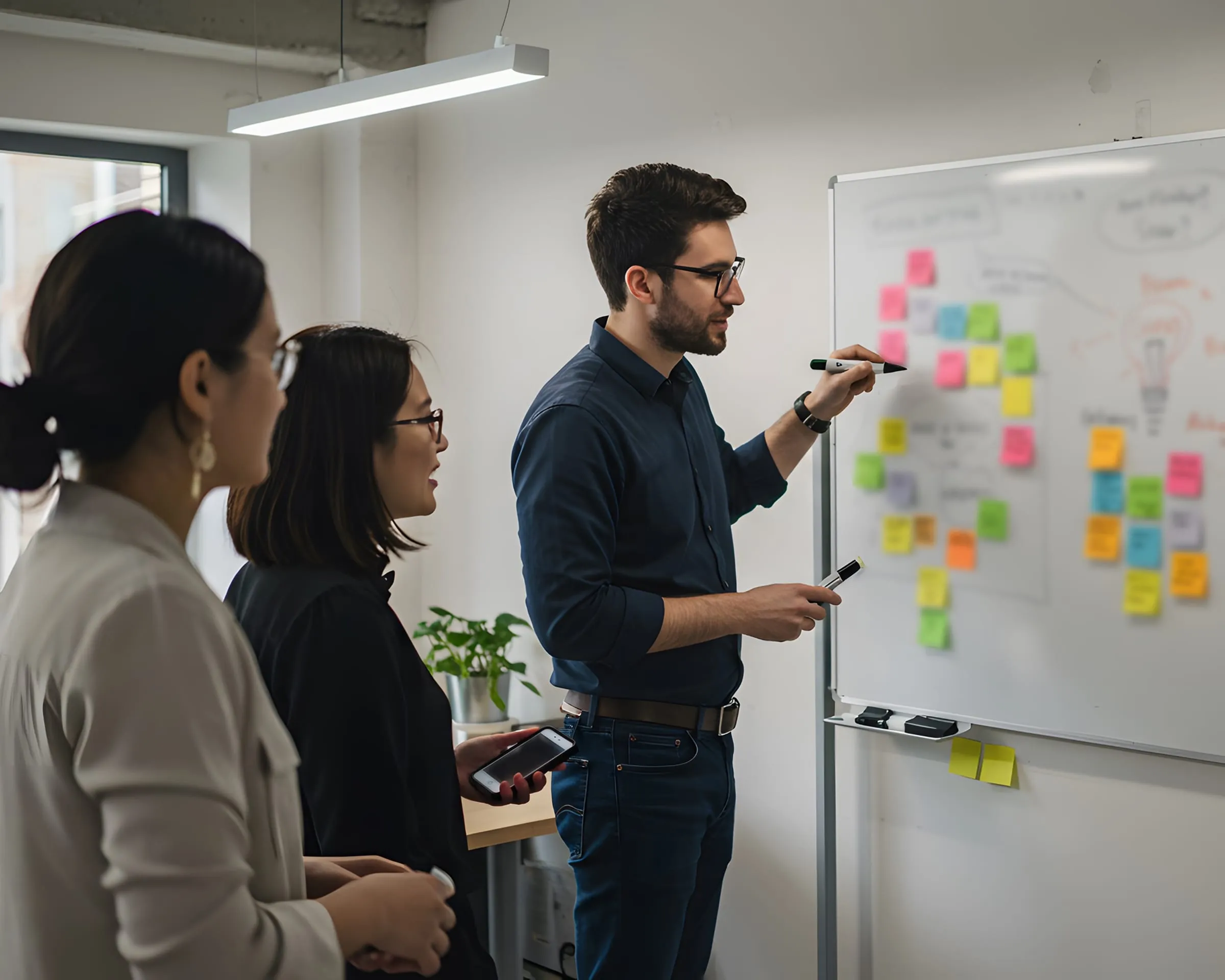 A man at a whiteboard covered in sticky notes explaining a plan to two colleagues
