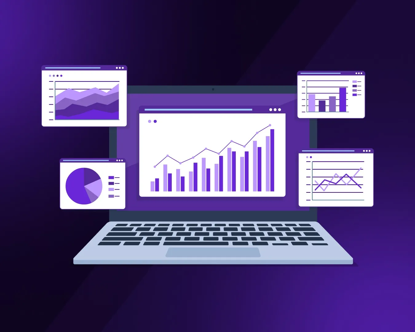 Illustration of a marketing dashboard on a laptop surrounded by bar, line and pie charts