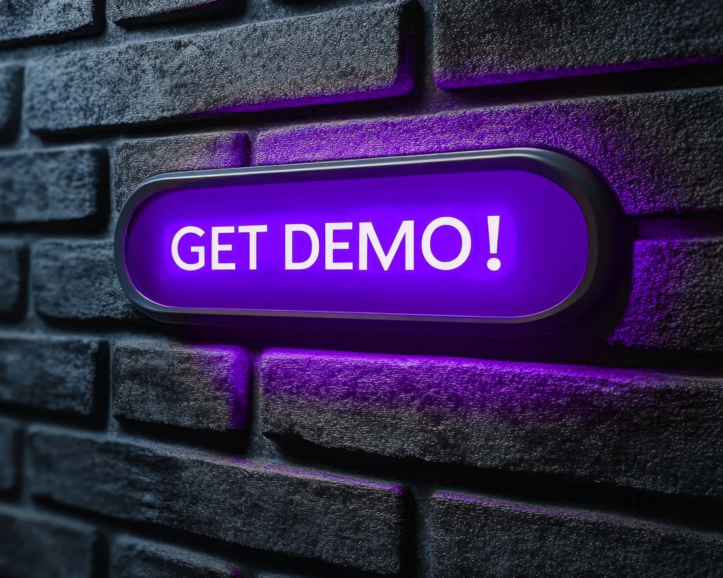 A neon sign reading get demo mounted on a dark brick wall