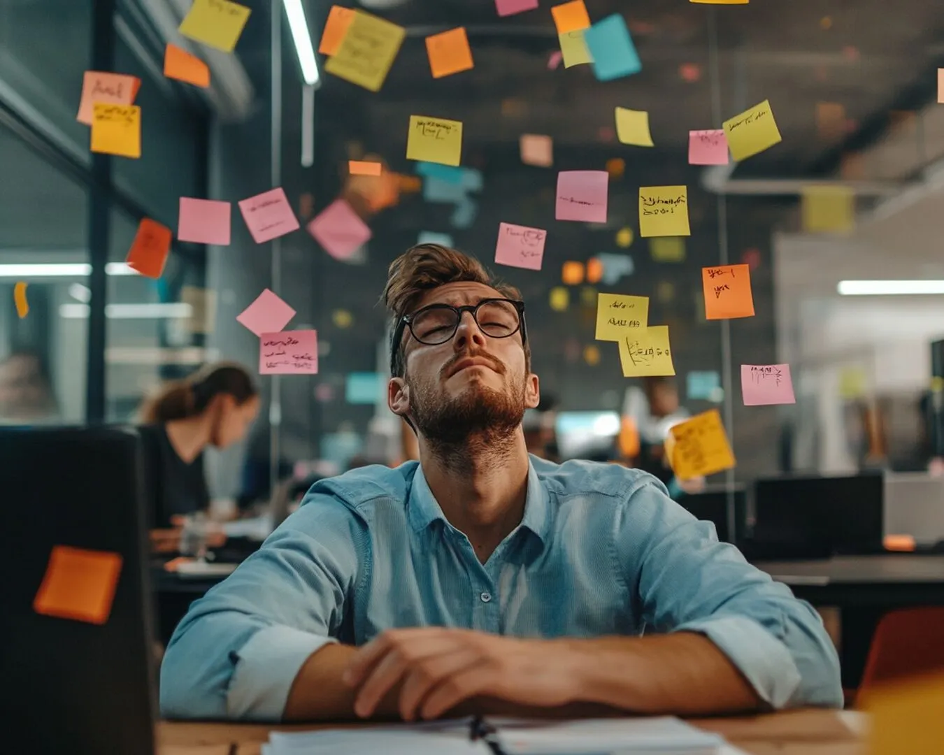 A marketing professional at a desk juggling multiple tasks with a small team in the background