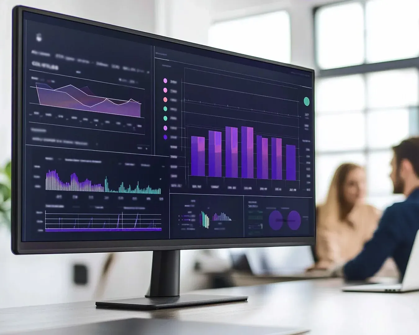 A wide monitor showing a marketing performance dashboard, with colleagues talking behind it