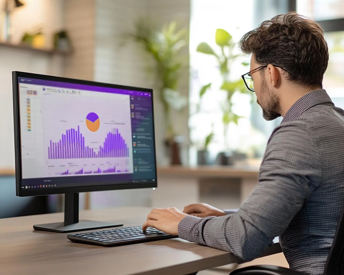 A man at a desk looking at a monitor showing a bar chart dashboard