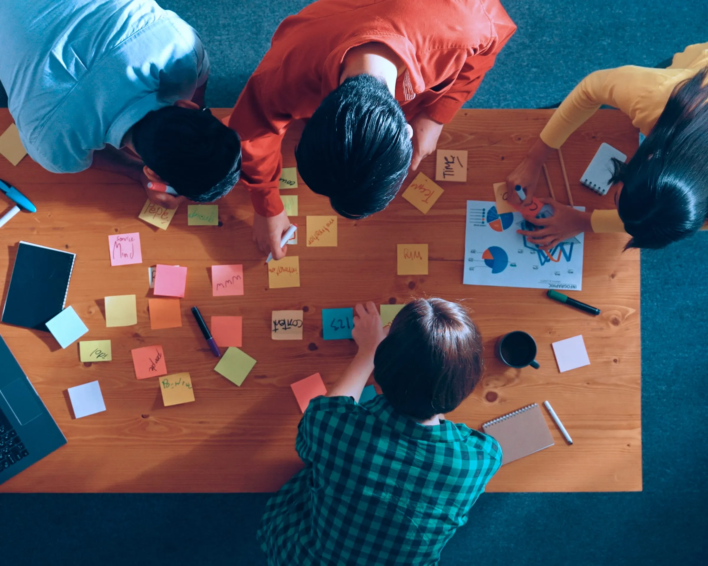 Overhead view of a team standing around a table covered in sticky notes and printouts
