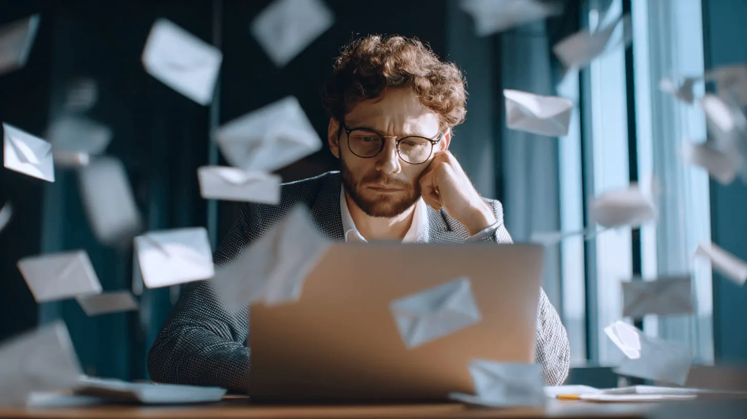 A man at a laptop holding his head as paper envelopes fly around him