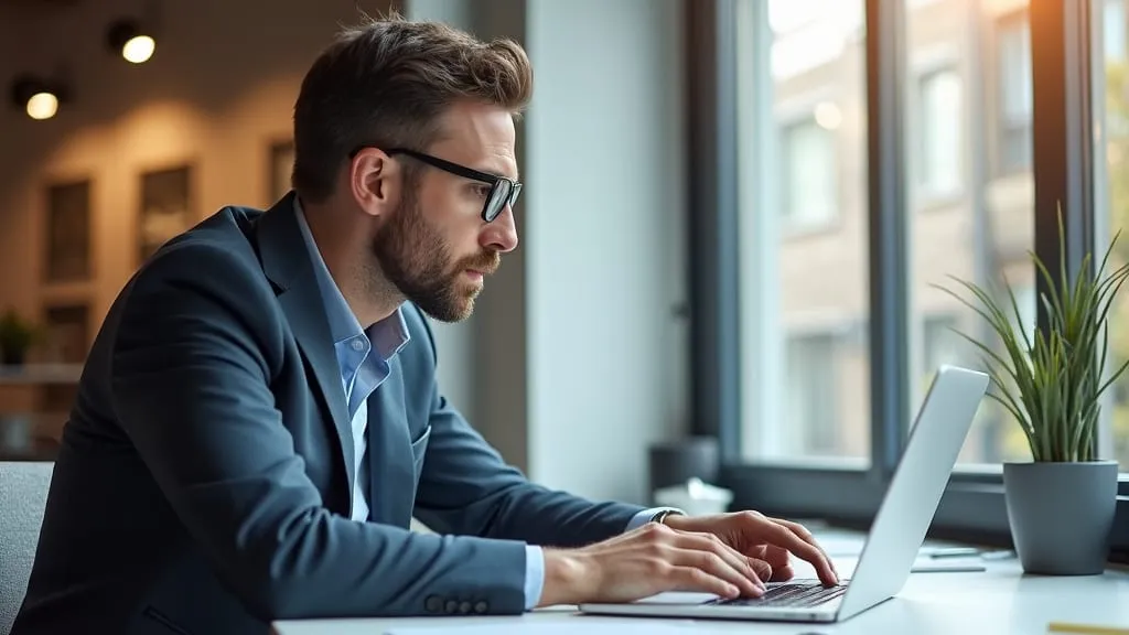 A man in a jacket typing at a laptop in a bright office