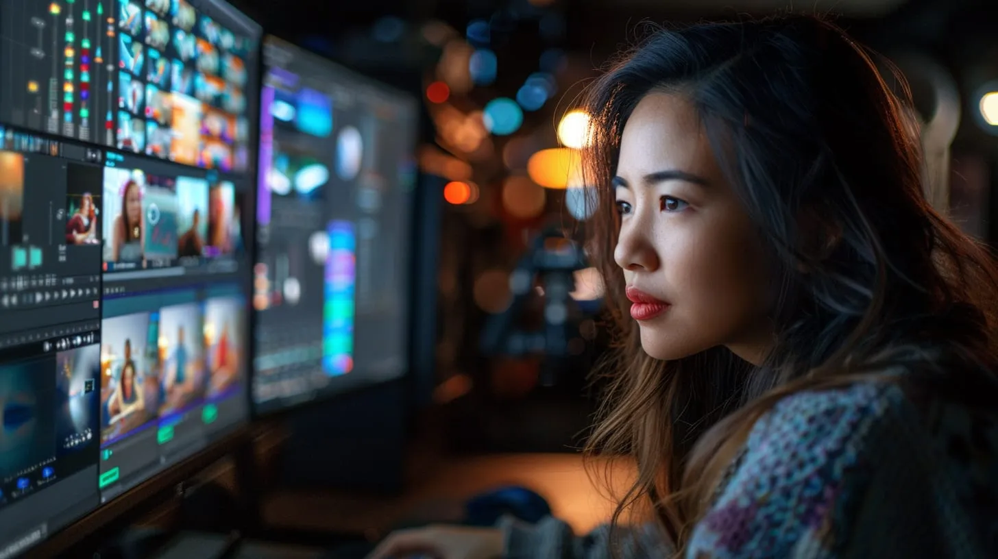 A woman editing video at a desk of monitors showing clips and timelines