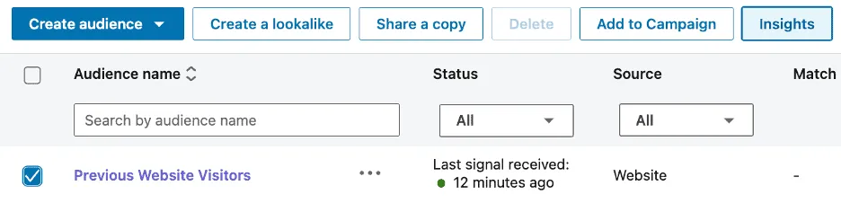 A LinkedIn audiences list showing a previous website visitors audience and its last signal received