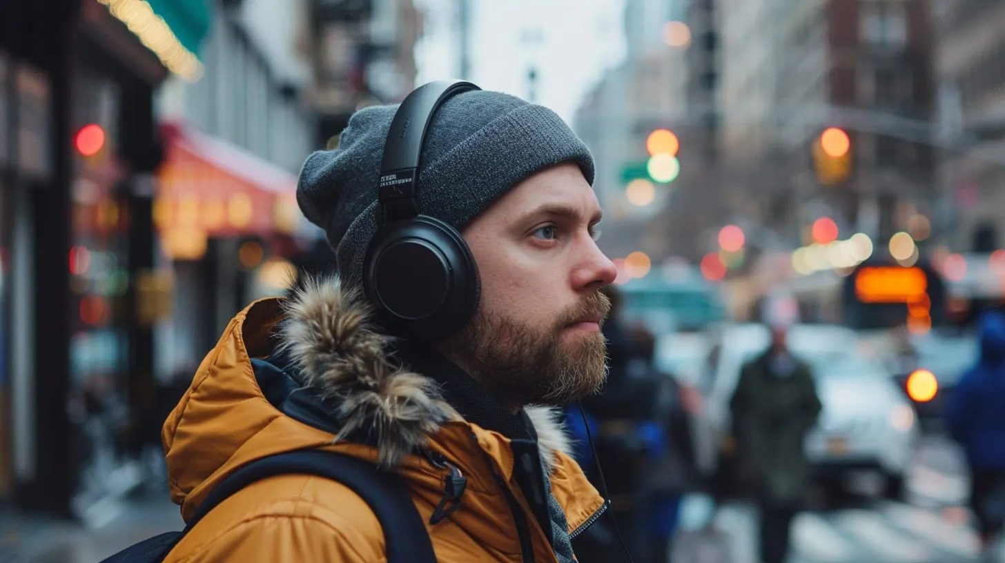 A man in headphones and a beanie listening while walking a city street