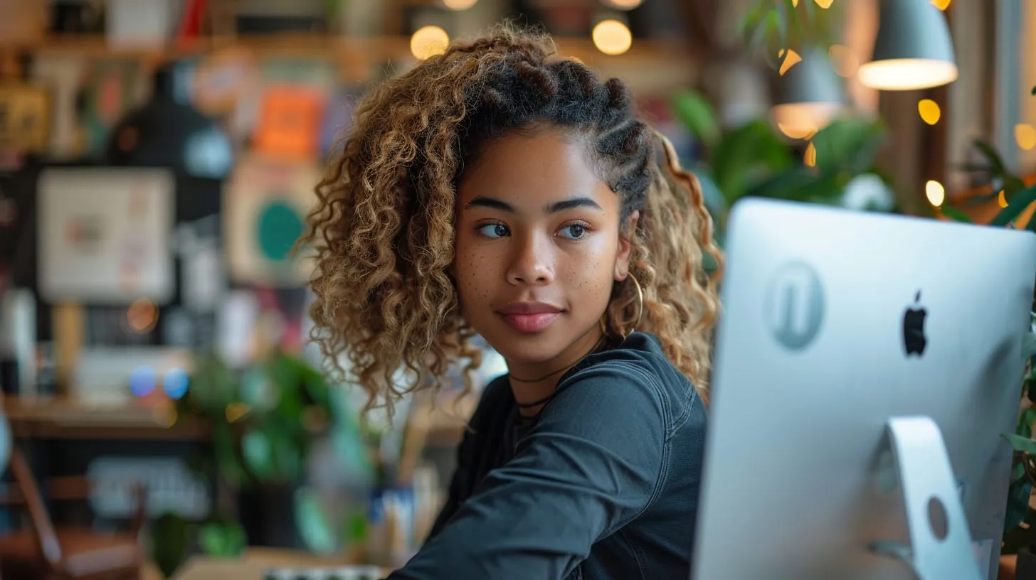 A woman at a desk looking over her shoulder from an iMac