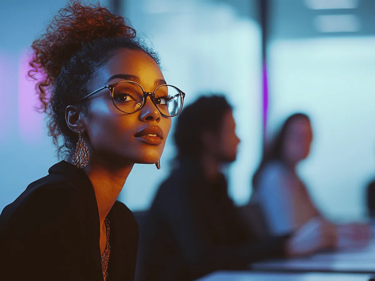 A woman in glasses at a meeting table lit in blue and orange