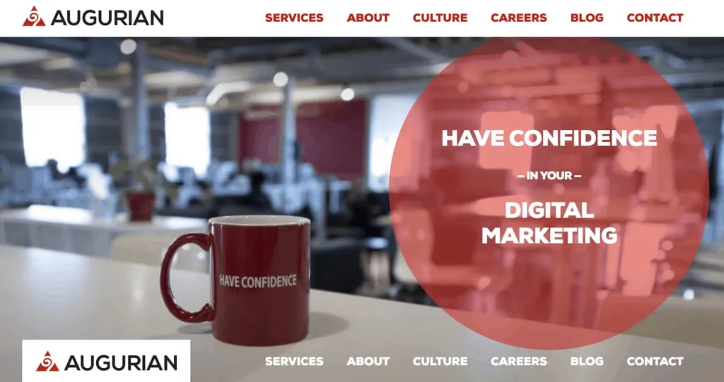 The Augurian homepage with a branded mug and the line have confidence in your digital marketing