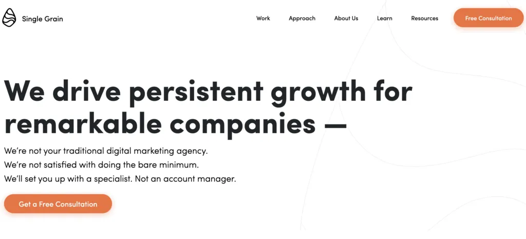 The Single Grain homepage headed we drive persistent growth for remarkable companies