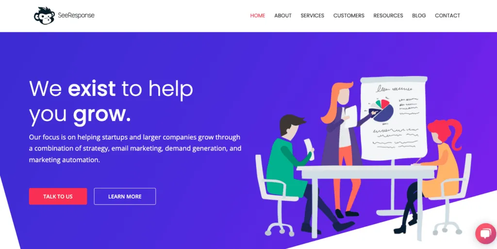 The SeeResponse homepage headed we exist to help you grow, with an illustration of a team at a whiteboard