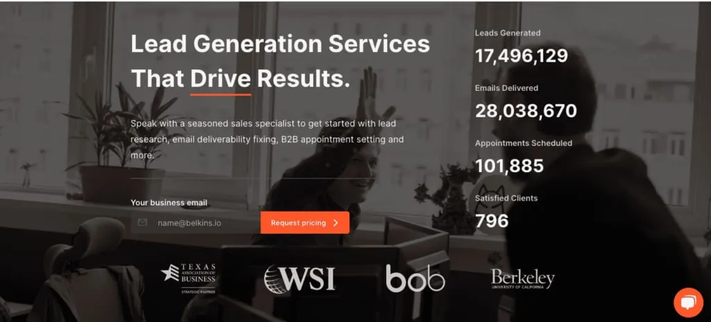 A lead generation services page showing counters for leads generated, emails delivered and appointments scheduled