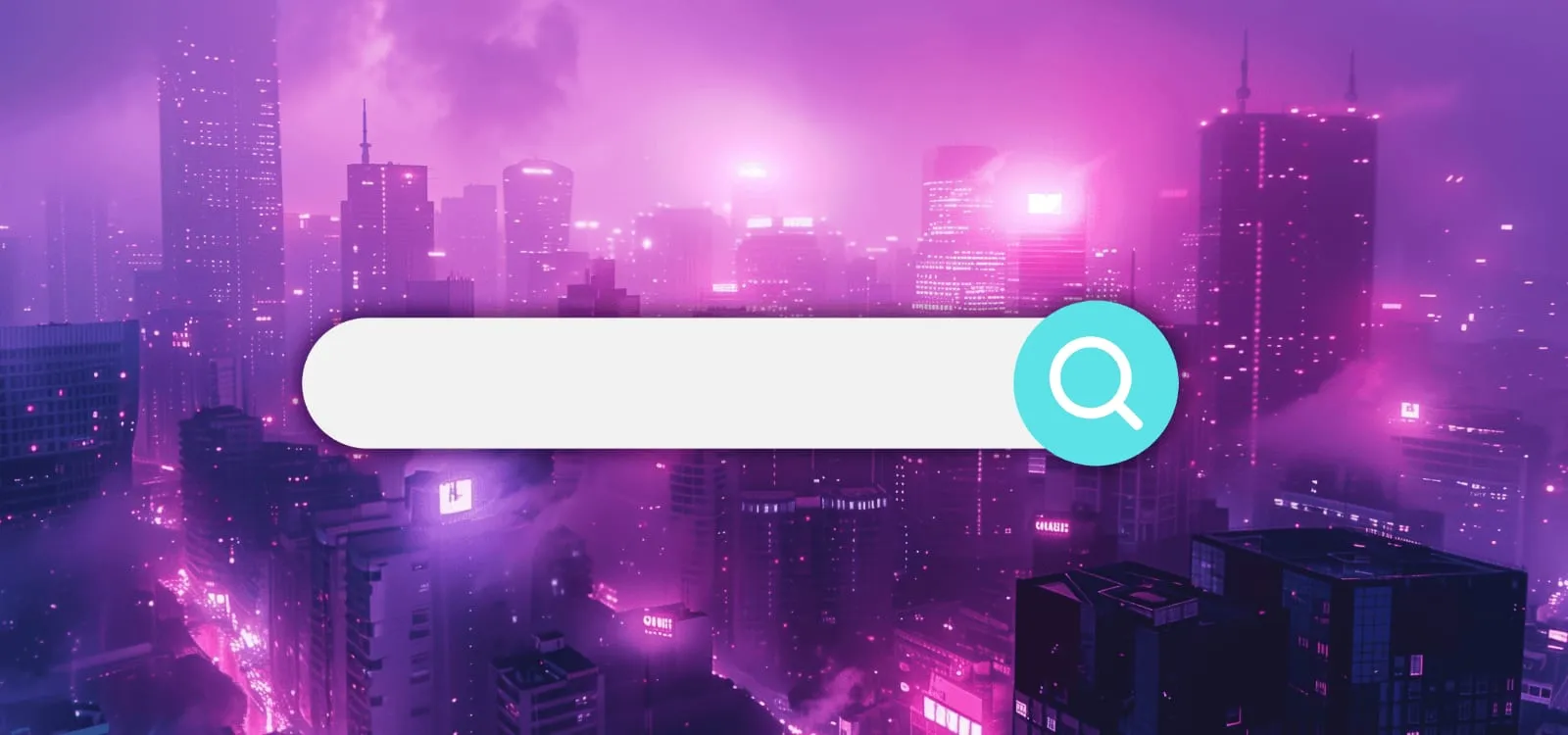 A search bar floating over a neon lit city skyline