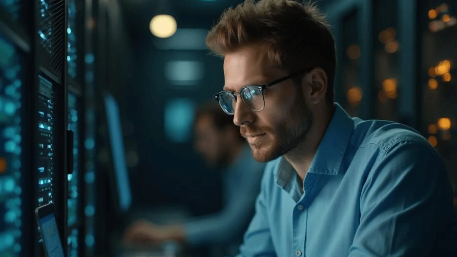 A man in glasses working at a screen in a server room