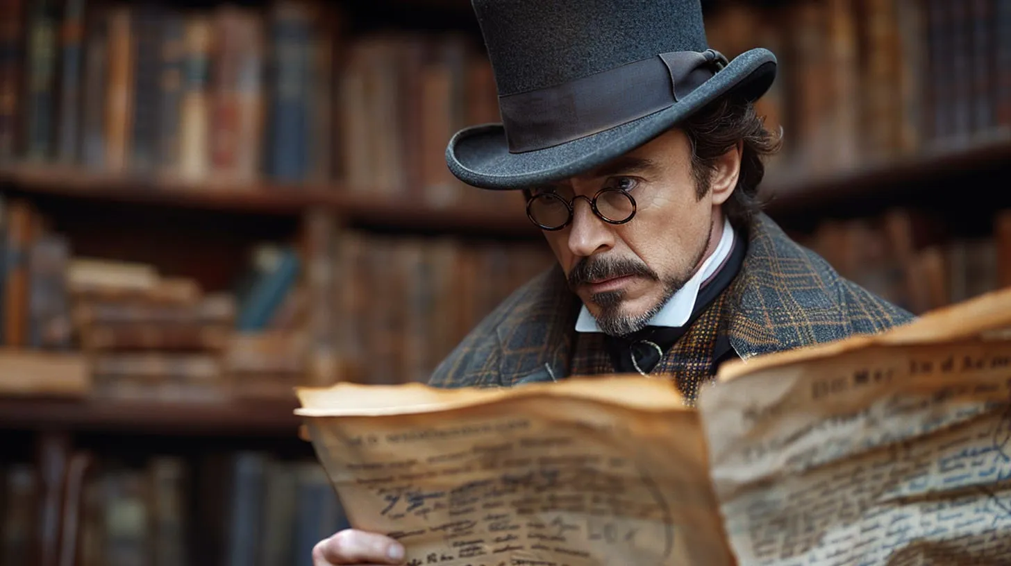 A Victorian detective in a top hat reading an old document in a library