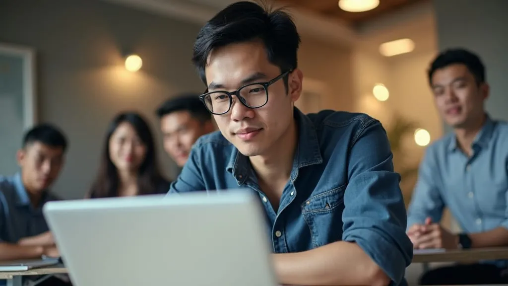 A man working at a laptop with colleagues talking in the background