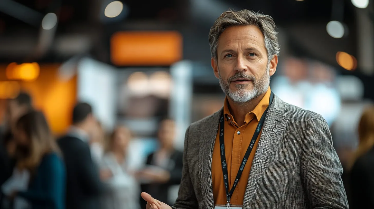 A man with a lanyard talking at a busy trade show booth