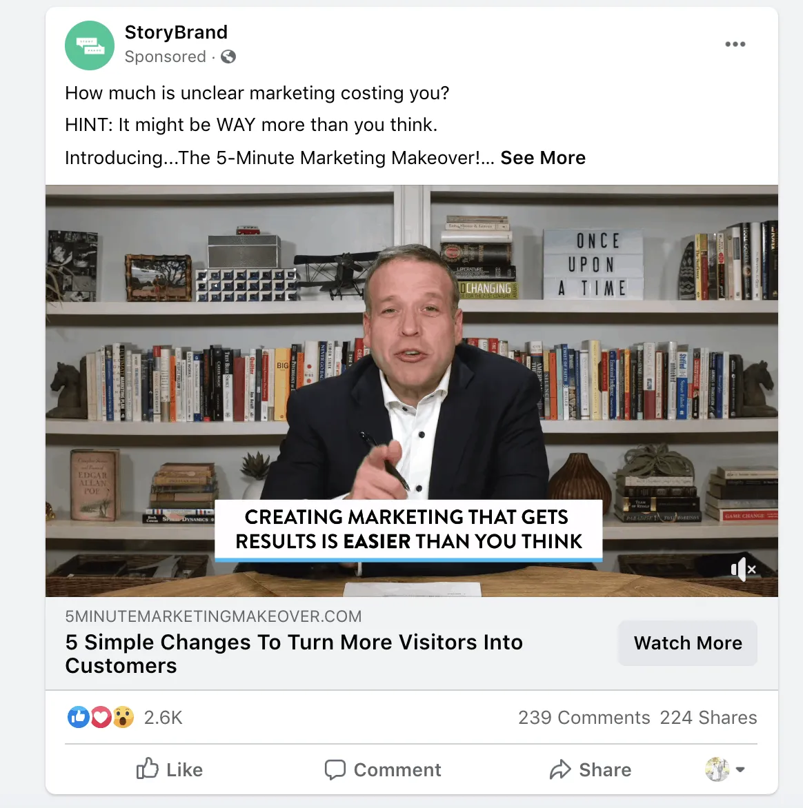 A sponsored StoryBrand ad on Facebook with a video thumbnail and a watch more button