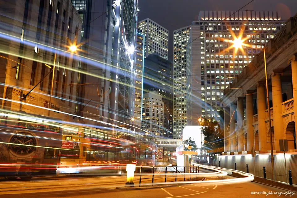 Long exposure of light trails along a city street at night