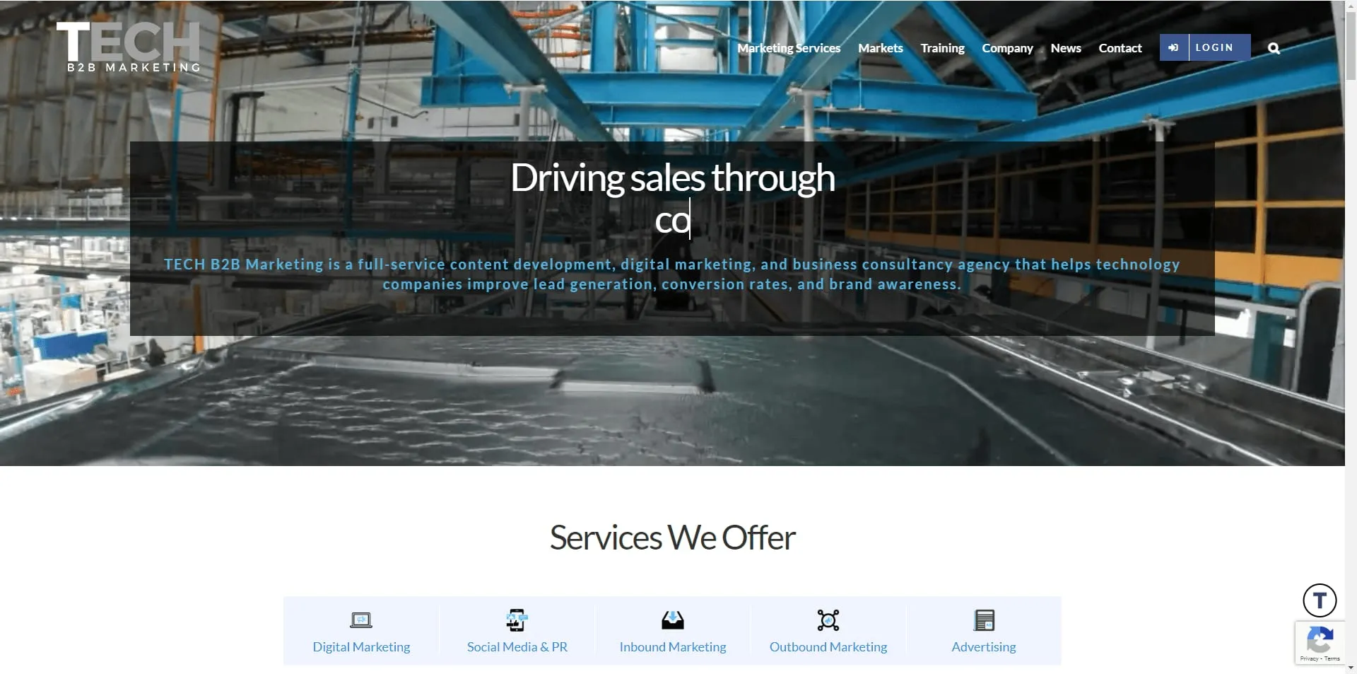 The TECH B2B Marketing homepage headed driving sales through content, with a services row beneath