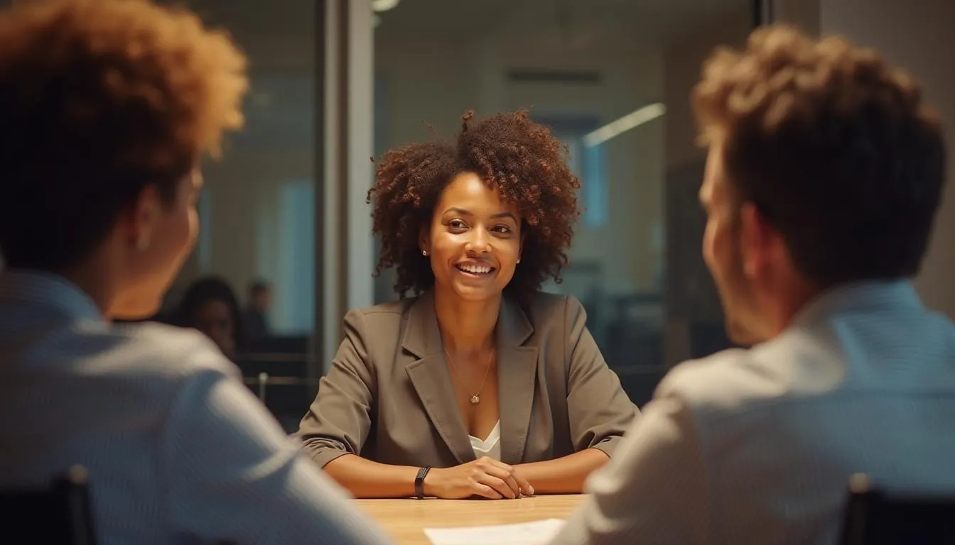 A woman talking with two colleagues across a meeting table