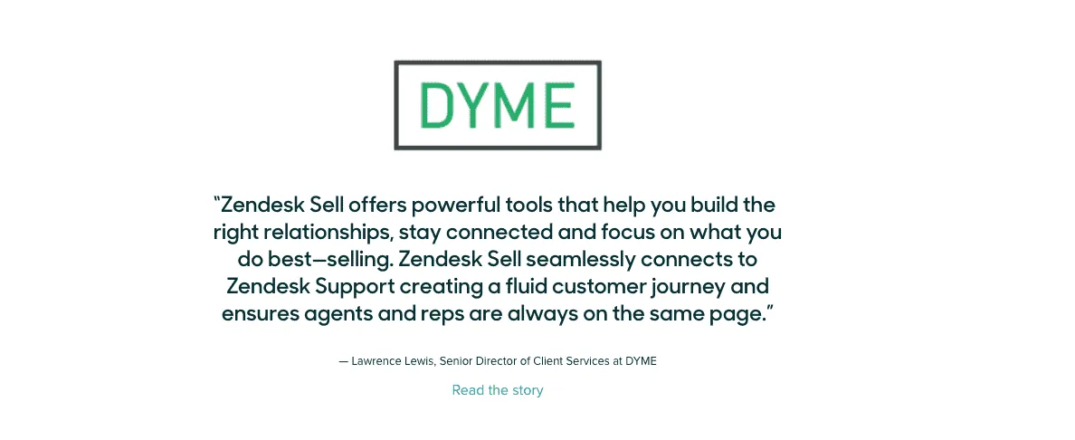A landing page testimonial from Lawrence Lewis at DYME about Zendesk Sell