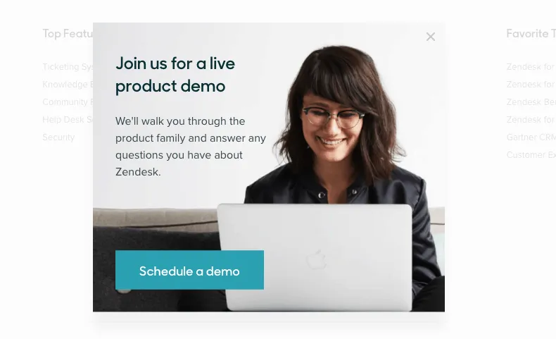 A modal on a product page inviting the visitor to join a live demo, with a schedule a demo button