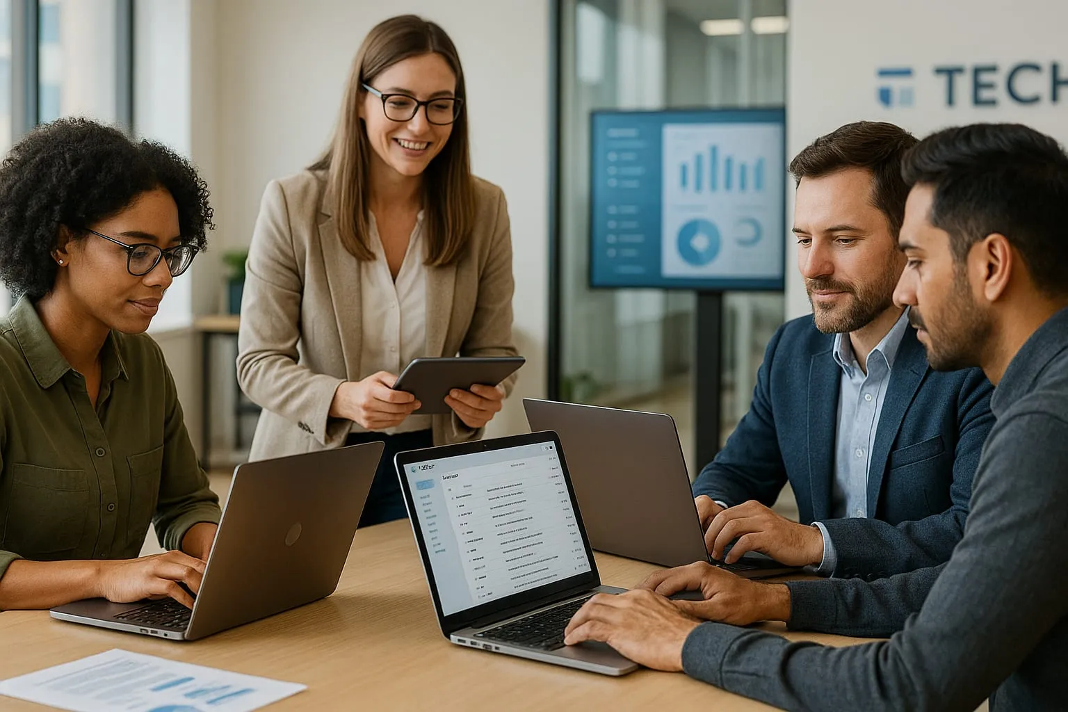 Four colleagues gathered around laptops in an office, one presenting from a tablet