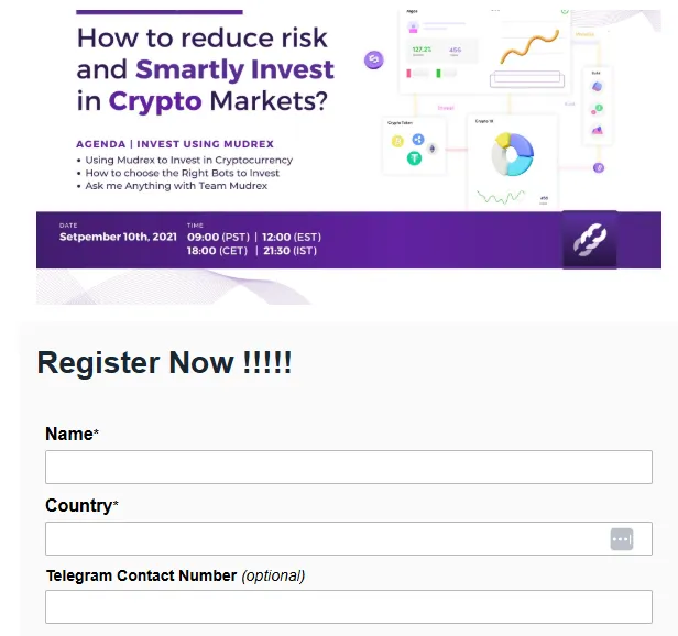 A webinar registration page about reducing risk and investing in crypto markets, with a name and country form